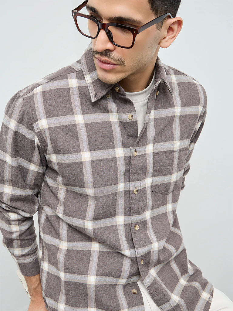 WES Casuals Brown Checks Relaxed-Fit Cotton-Blend Shirt - Image 3