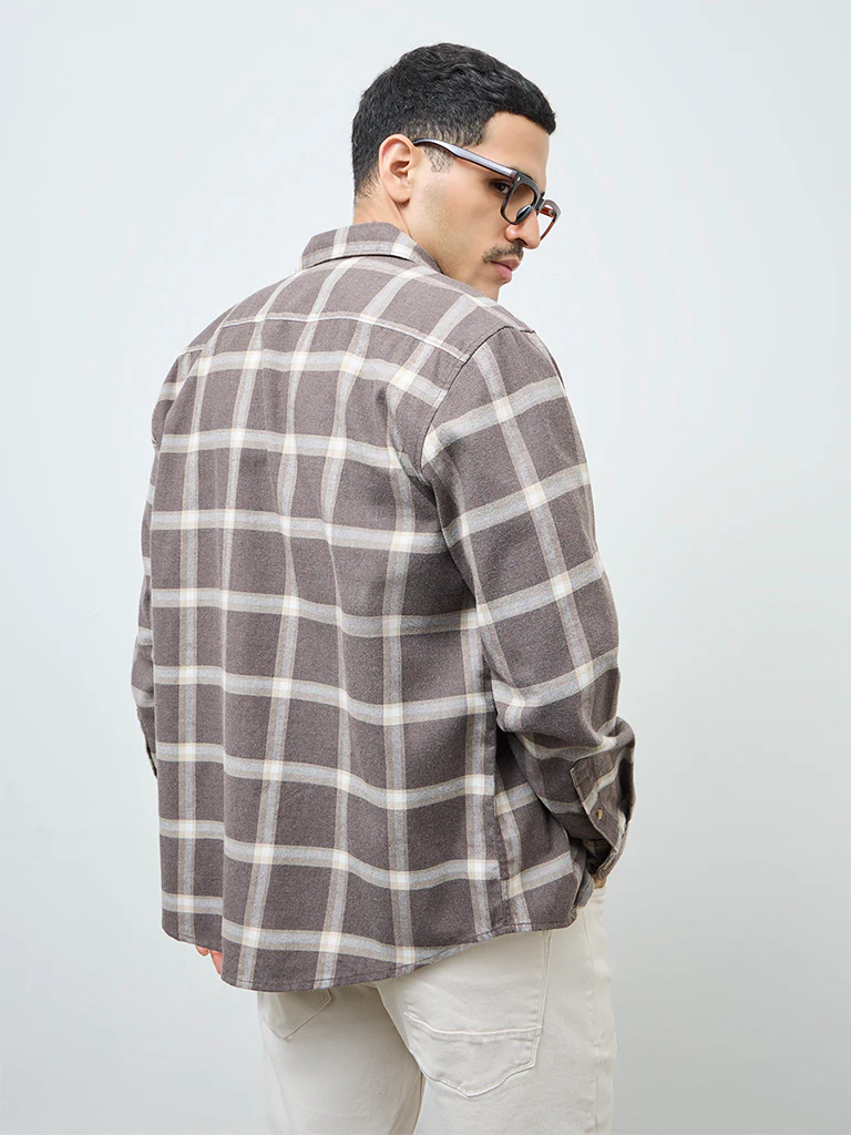 WES Casuals Brown Checks Relaxed-Fit Cotton-Blend Shirt - Image 4