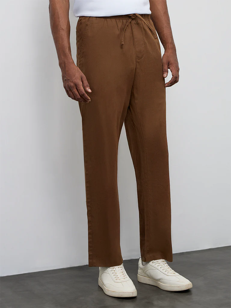 WES Casuals Brown Relaxed-Fit Mid-Rise Cotton-Blend Chinos - Image 2