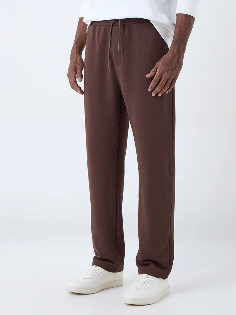 WES Casuals Brown Relaxed-Fit Mid-Rise Cotton-Blend Pants - Image 3