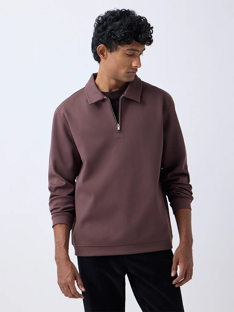 WES Casuals Brown Relaxed-Fit Quarter-Zip Sweatshirt