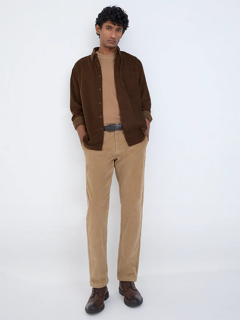 WES Casuals Brown Slim-Fit Corduroy Shirt - Image 2