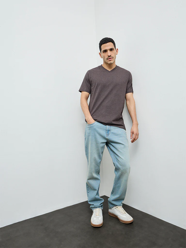 WES Casuals Brown Slim-Fit Cotton T-Shirt