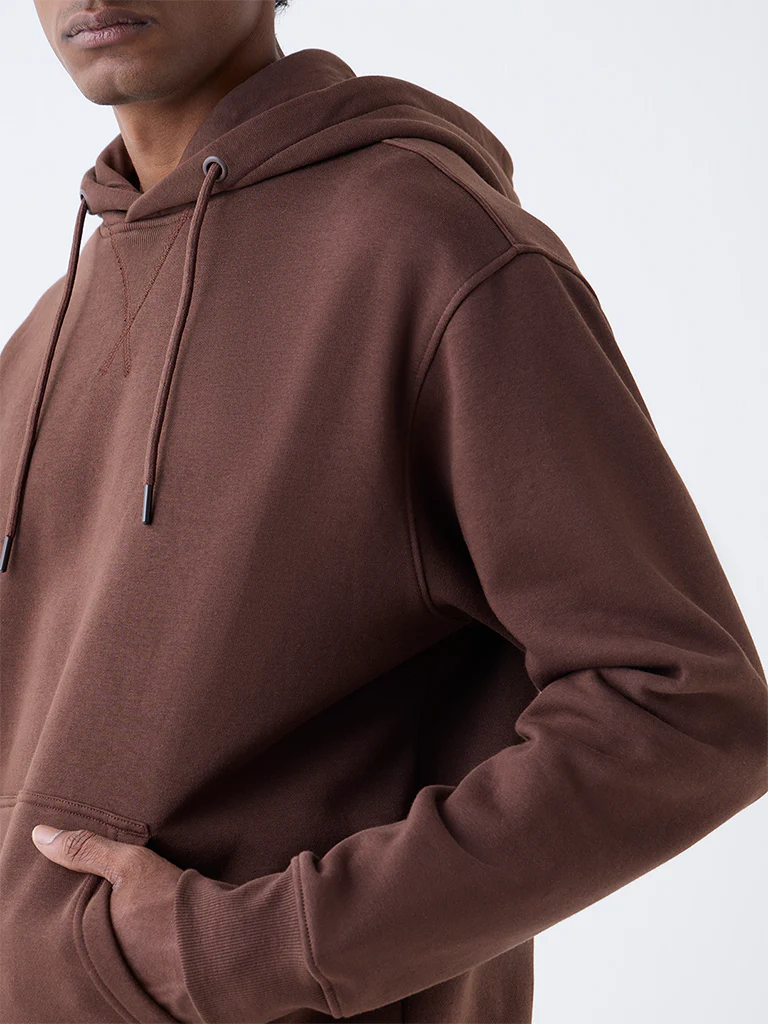 WES Casuals Brown Solid Relaxed-Fit Cotton-Blend Hoodie - Image 4