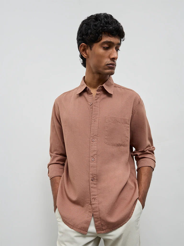 WES Casuals Brown Solid Relaxed-Fit Cotton-Blend Shirt - Image 2