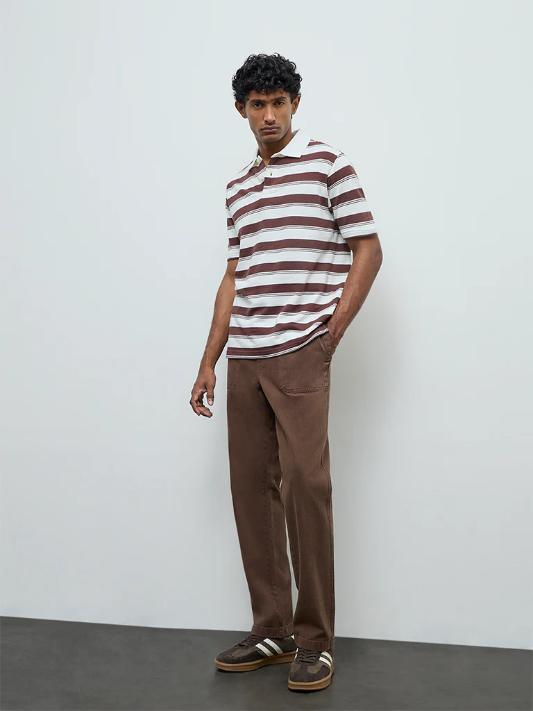 WES Casuals Brown Solid Relaxed-Fit Mid-Rise Cotton Chinos