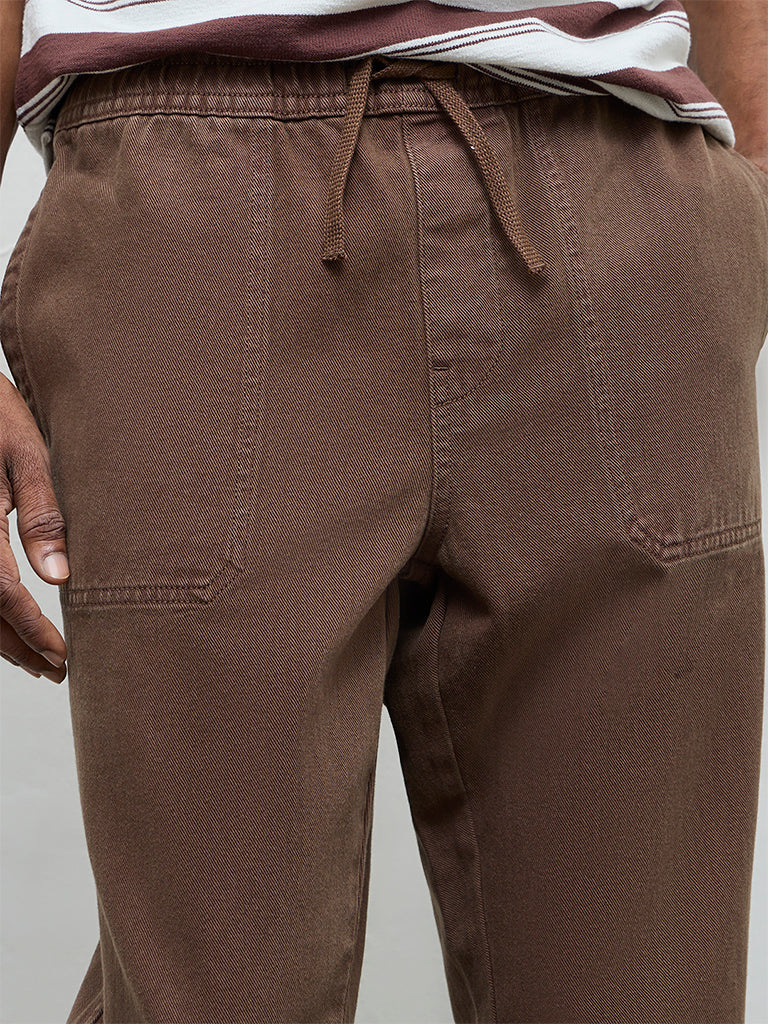 WES Casuals Brown Solid Relaxed-Fit Mid-Rise Cotton Chinos - Image 4