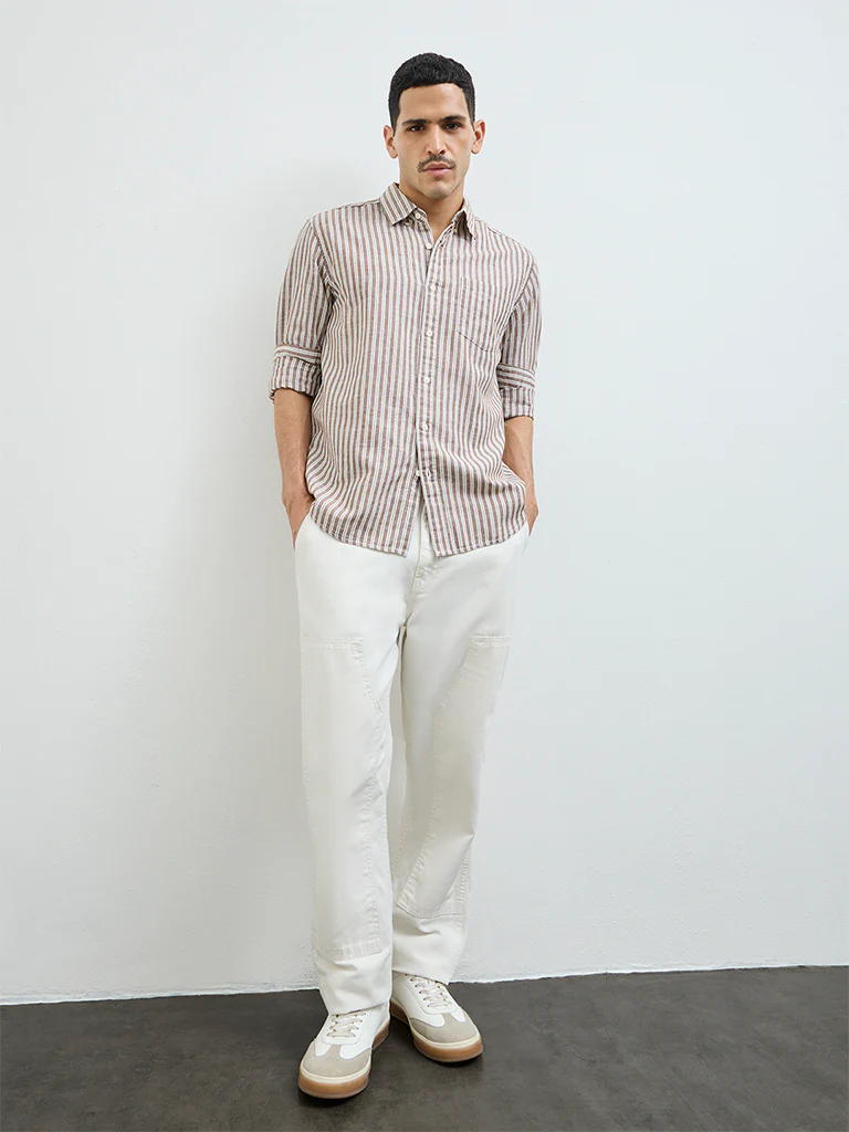 WES Casuals Brown Striped Relaxed-Fit Cotton-Blend Shirt