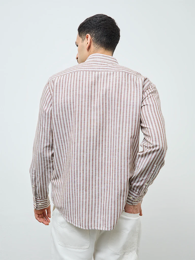 WES Casuals Brown Striped Relaxed-Fit Cotton-Blend Shirt - Image 4