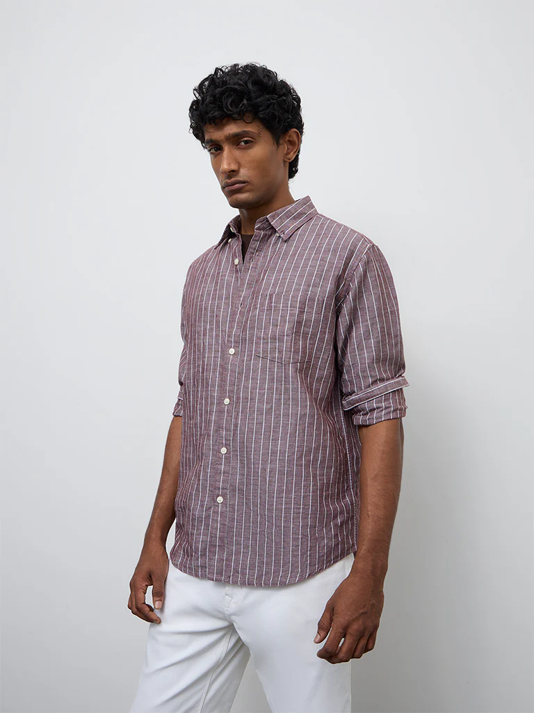 WES Casuals Brown Striped Relaxed-Fit Cotton-Blend Shirt