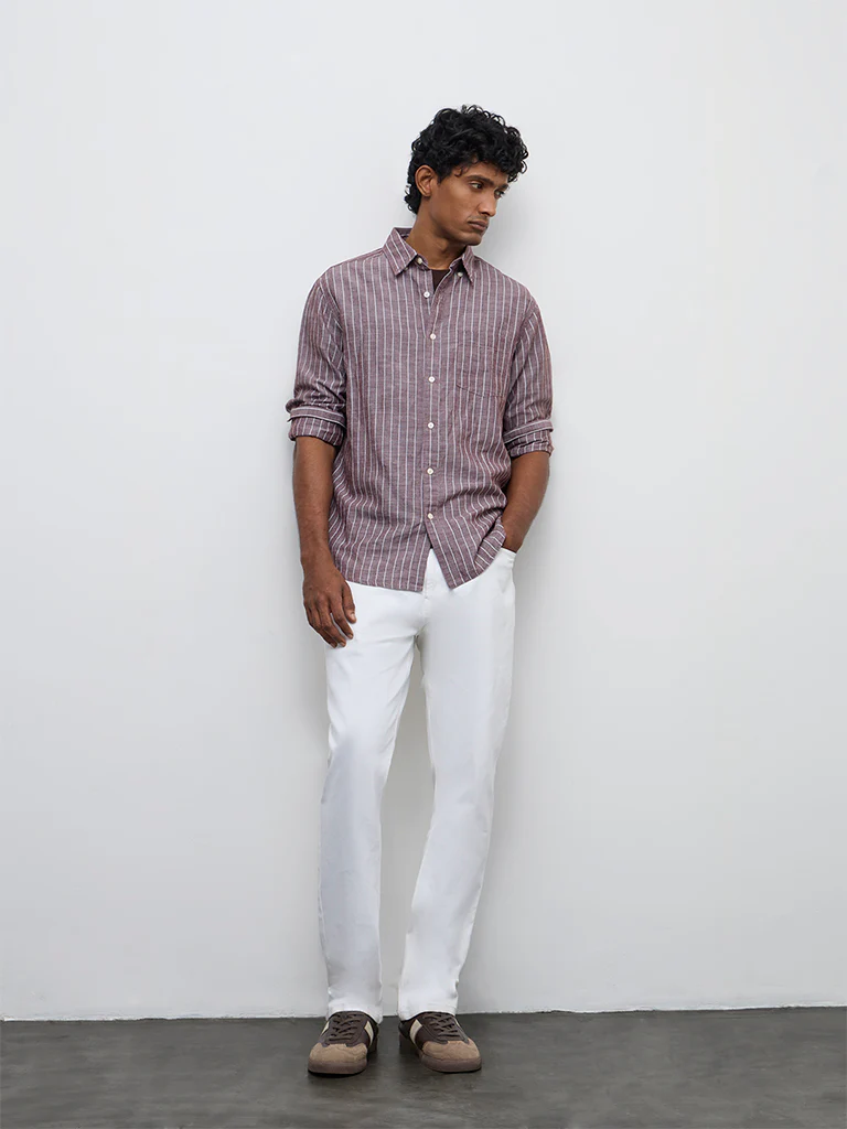 WES Casuals Brown Striped Relaxed-Fit Cotton-Blend Shirt - Image 2