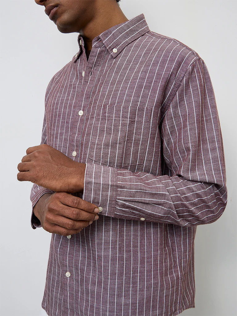 WES Casuals Brown Striped Relaxed-Fit Cotton-Blend Shirt - Image 3