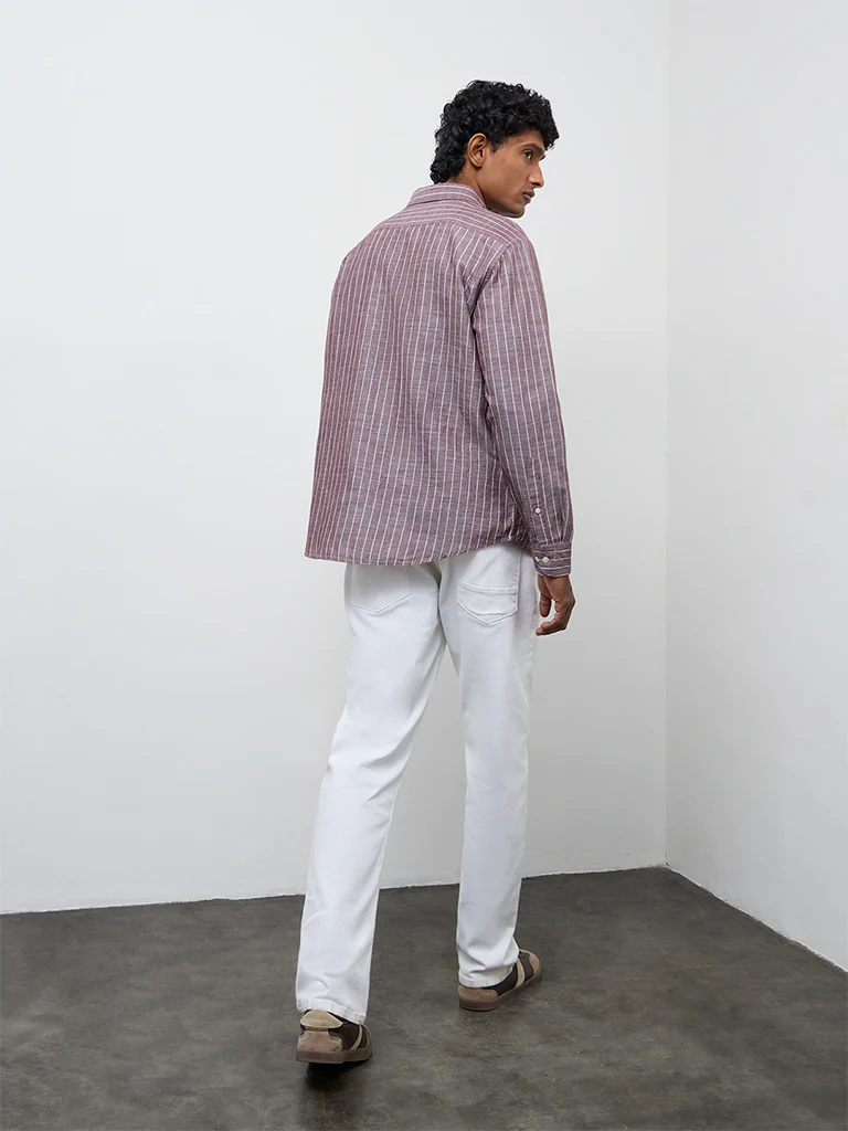 WES Casuals Brown Striped Relaxed-Fit Cotton-Blend Shirt - Image 4