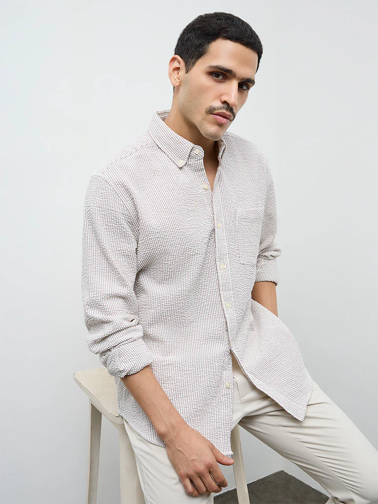 WES Casuals Brown Striped Relaxed-Fit Cotton Shirt - Image 2