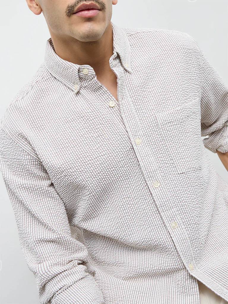 WES Casuals Brown Striped Relaxed-Fit Cotton Shirt - Image 3