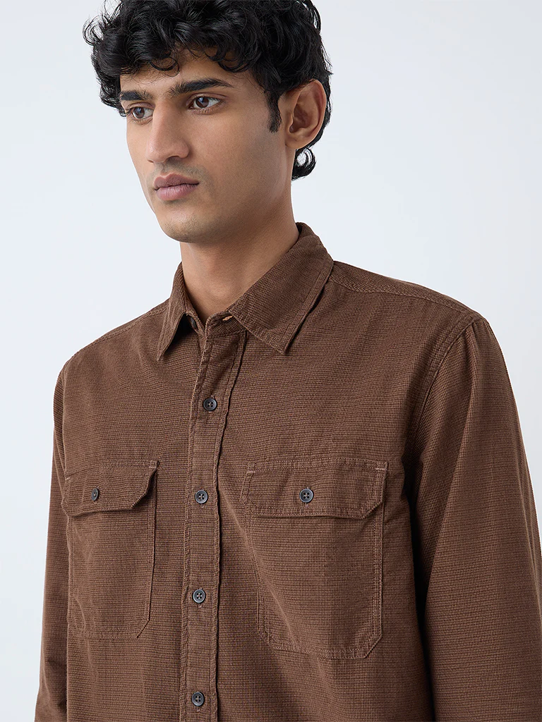 WES Casuals Brown Textured Relaxed-Fit Cotton Shirt - Image 4