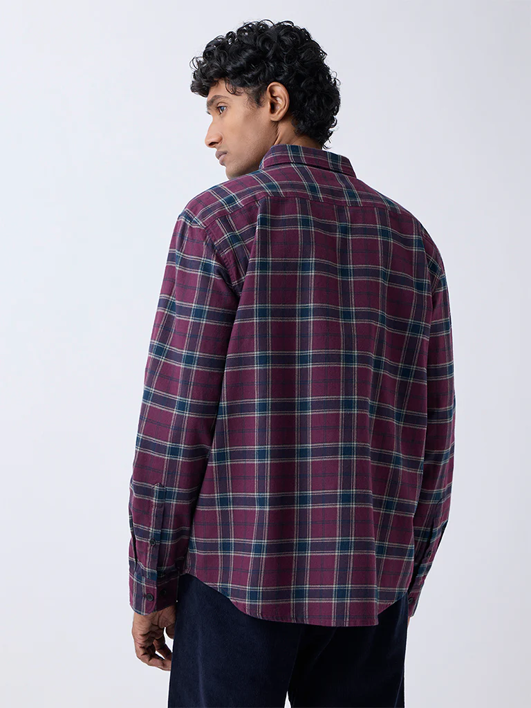WES Casuals Burgundy Checkered Relaxed-Fit Cotton-Blend Shirt - Image 4