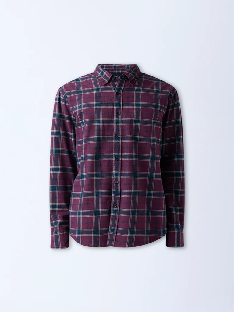 WES Casuals Burgundy Checkered Relaxed-Fit Cotton-Blend Shirt - Image 5