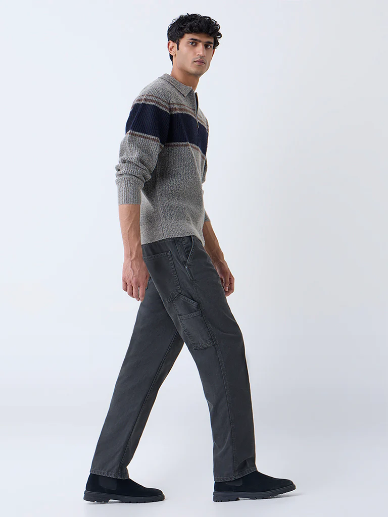 WES Casuals Charcoal Relaxed-Fit Mid-Rise Cotton Chinos