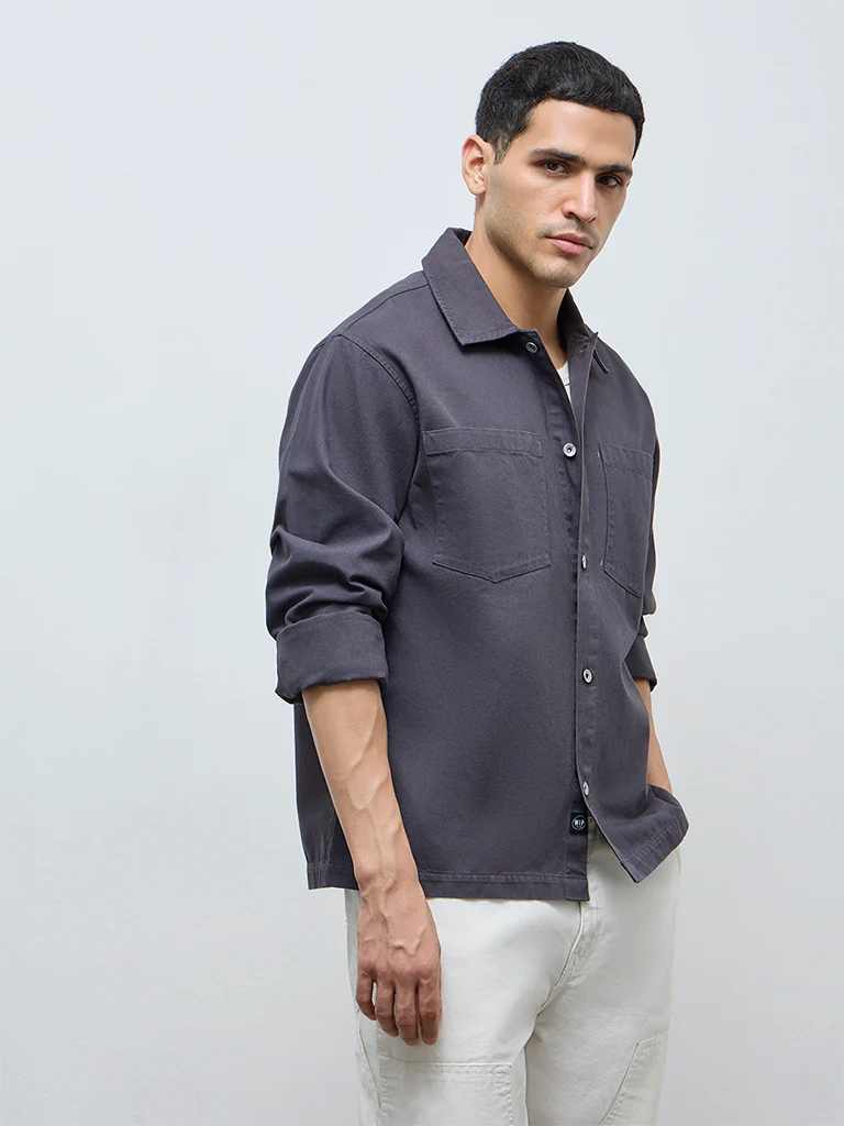 WES Casuals Charcoal Solid Relaxed-Fit Cotton Shirt - Image 3