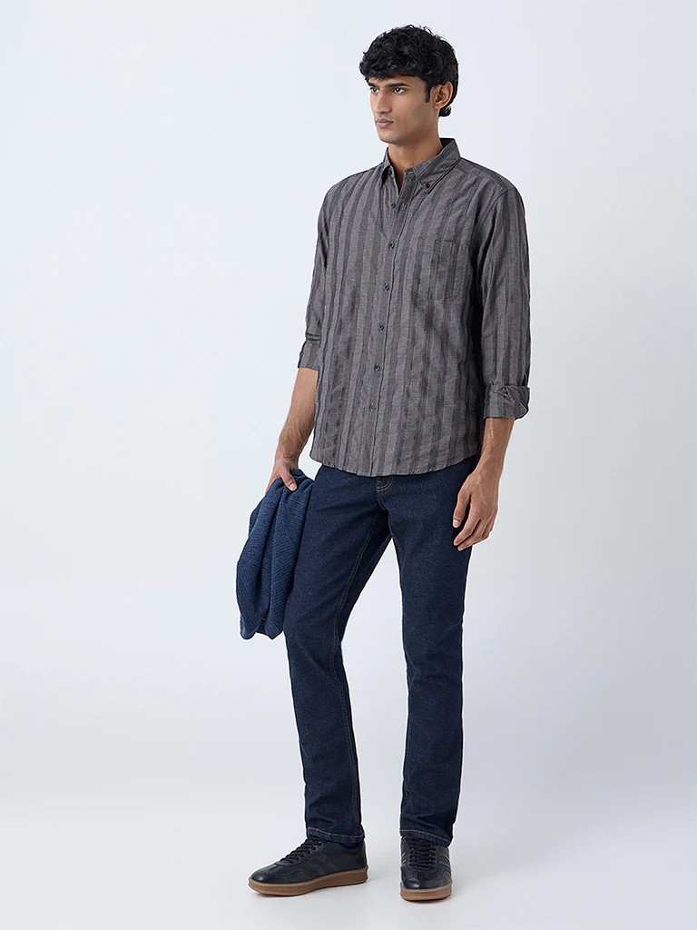 WES Casuals Charcoal Striped Relaxed-Fit Cotton Shirt