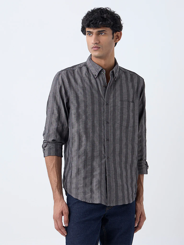 WES Casuals Charcoal Striped Relaxed-Fit Cotton Shirt - Image 2