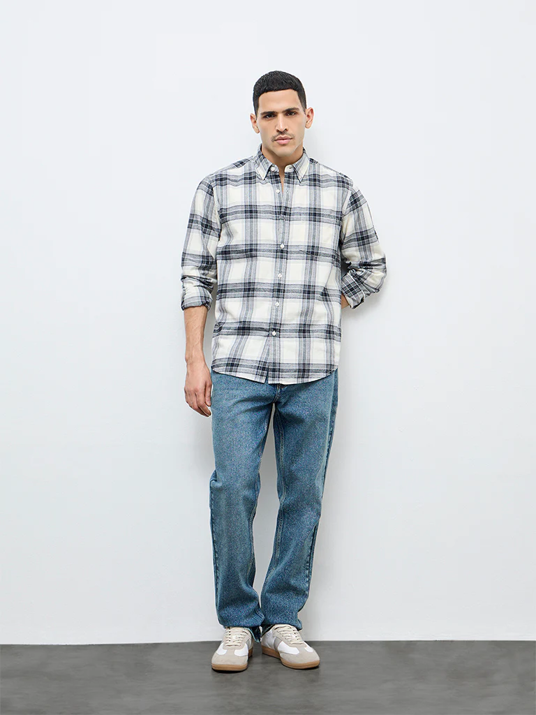 WES Casuals Cream Check Relaxed Fit Cotton Shirt - Image 3