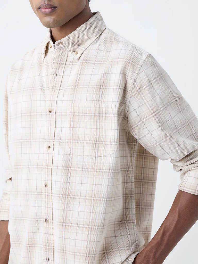 WES Casuals Cream Checks Design Relaxed-Fit Cotton Shirt - Image 3