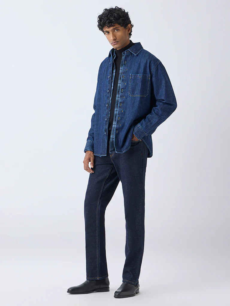 WES Casuals Dark Blue Relaxed-Fit Denim Shirt