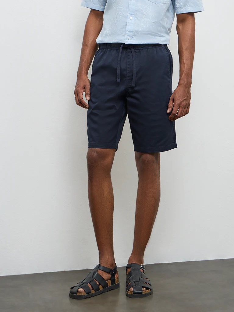WES Casuals Dark Blue Relaxed-Fit Mid-Rise Cotton-Blend Shorts - Image 2