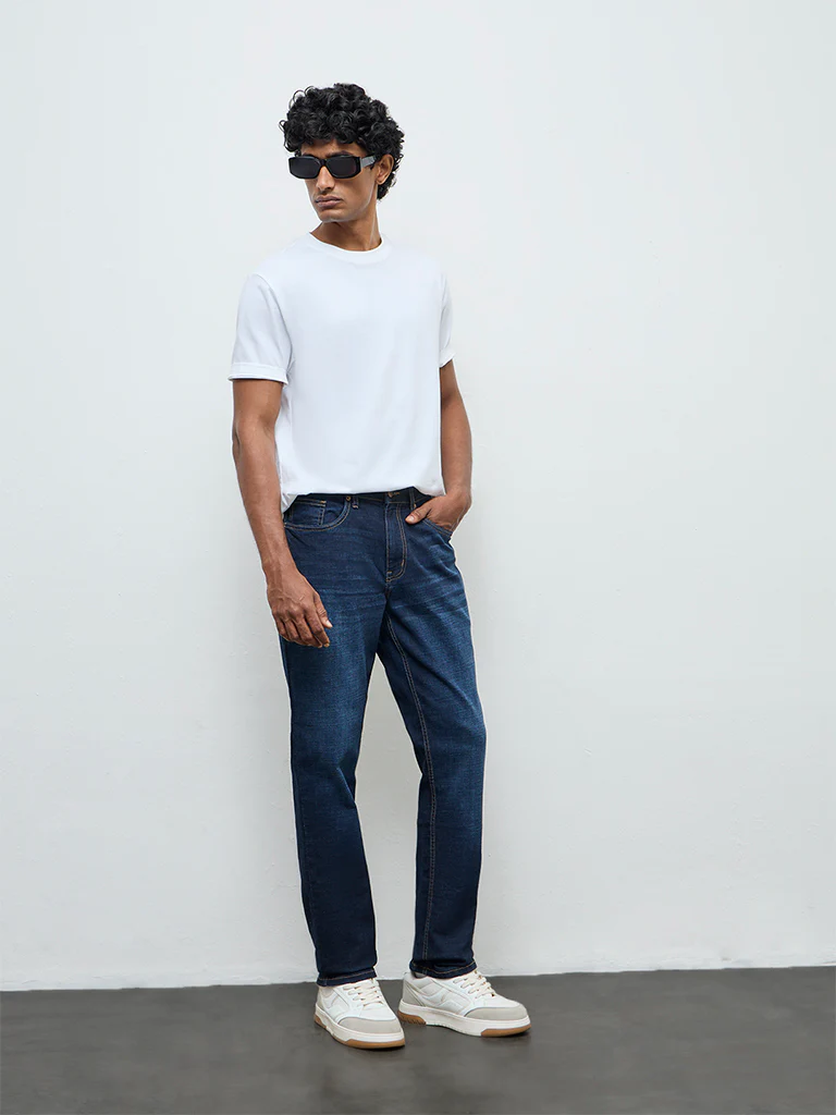 WES Casuals Dark Blue Relaxed-Fit Mid-Rise Jeans