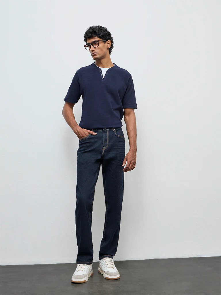 WES Casuals Dark Blue Relaxed Fit Mid-Rise Jeans