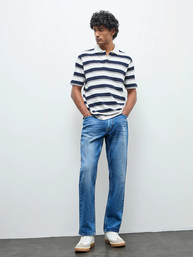 WES Casuals Dark Blue Relaxed-Fit Mid-Rise Jeans