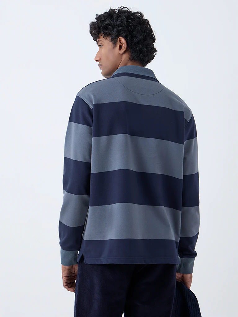 WES Casuals Dark Blue Striped Relaxed Fit Cotton-Blend Polo T-Shirt - Image 5