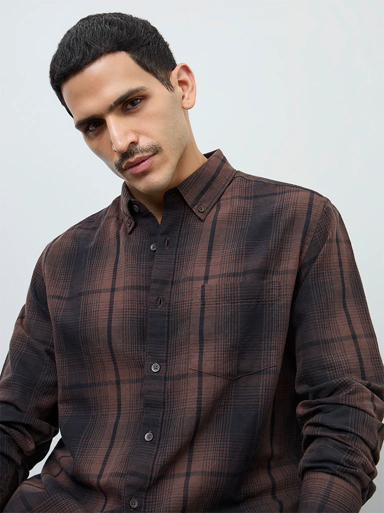 WES Casuals Dark Brown Check Relaxed-Fit Cotton-Blend Shirt - Image 3
