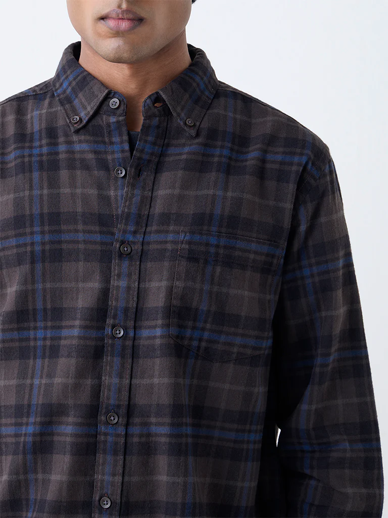 WES Casuals Dark Brown Checkered Relaxed-Fit Cotton Shirt - Image 3