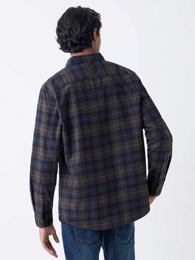 WES Casuals Dark Brown Checkered Relaxed-Fit Cotton Shirt - Image 4