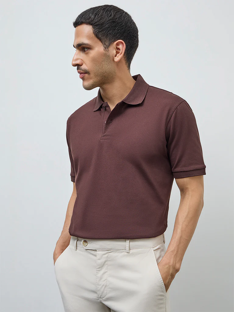 WES Casuals Dark Brown Relaxed-Fit Cotton-Blend Polo T-Shirt