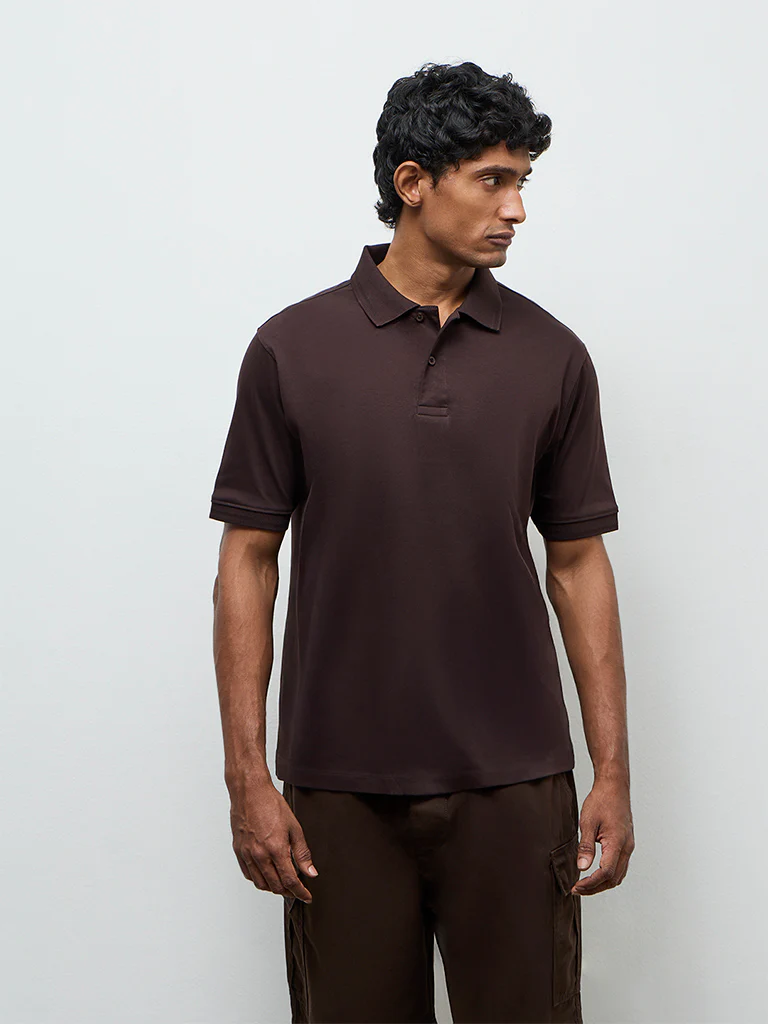 WES Casuals Dark Brown Relaxed-Fit Cotton-Blend Polo T-Shirt - Image 3
