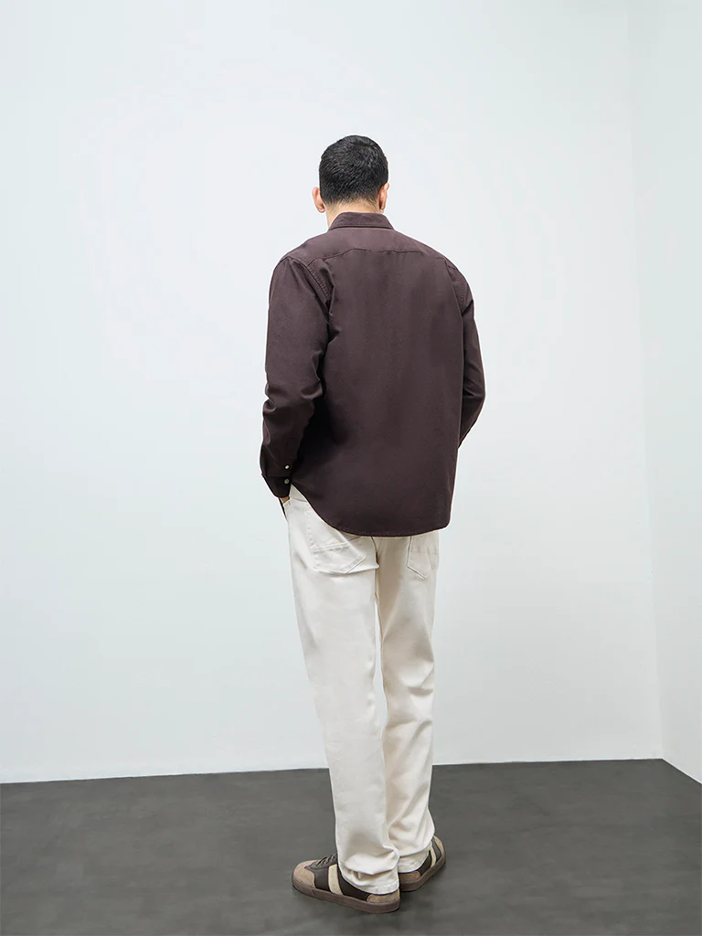WES Casuals Dark Brown Solid Relaxed-Fit Cotton Shirt - Image 4