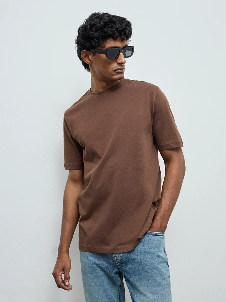 WES Casuals Dark Brown Solid Relaxed-Fit Cotton T-Shirt