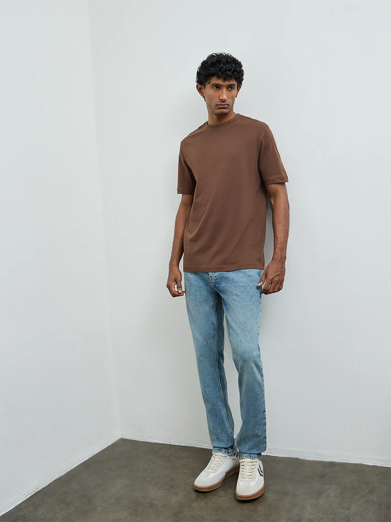 WES Casuals Dark Brown Solid Relaxed-Fit Cotton T-Shirt - Image 3