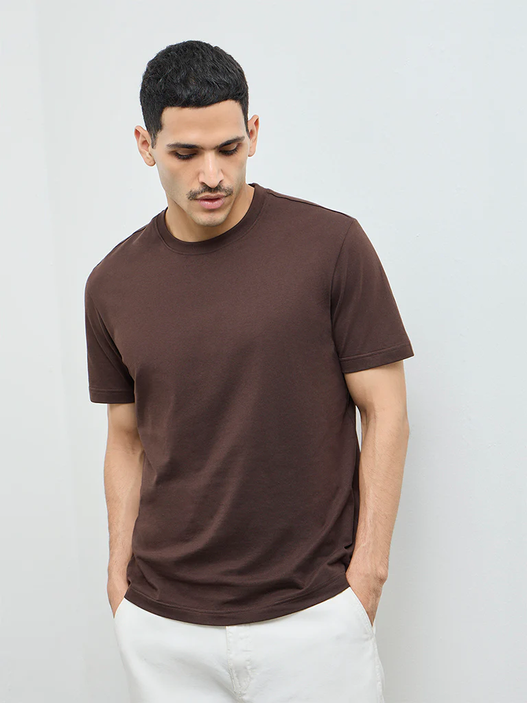 WES Casuals Dark Brown Solid Slim-Fit Cotton T-Shirt