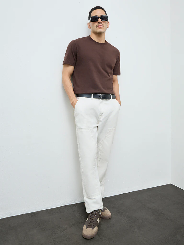 WES Casuals Dark Brown Solid Slim-Fit Cotton T-Shirt - Image 3