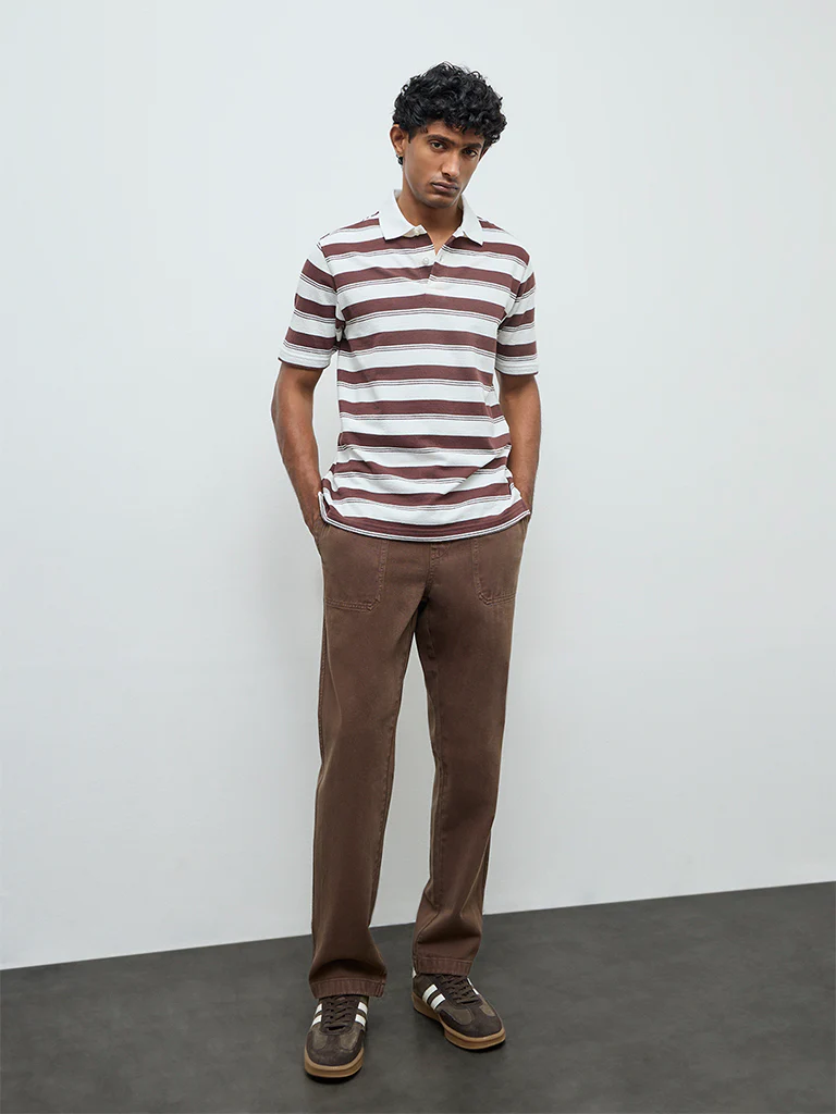 WES Casuals Dark Brown Striped Relaxed Fit Cotton-Blend Polo T-Shirt - Image 3