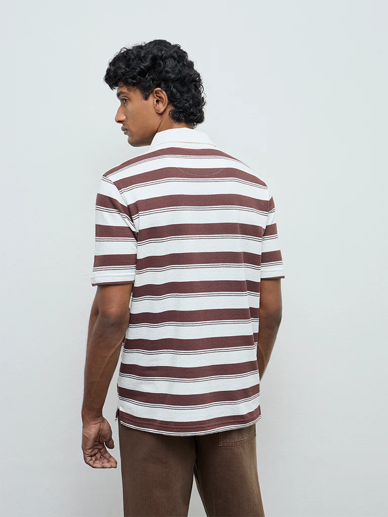 WES Casuals Dark Brown Striped Relaxed Fit Cotton-Blend Polo T-Shirt - Image 5