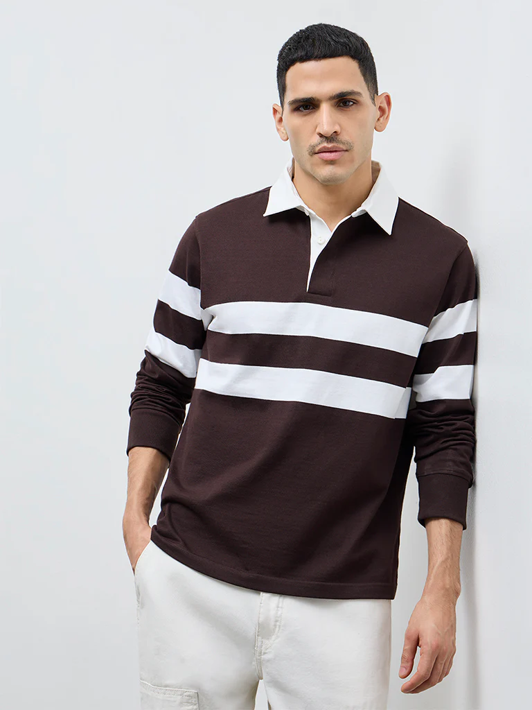 WES Casuals Dark Brown Striped Relaxed Fit Cotton Polo T-Shirt - Image 3