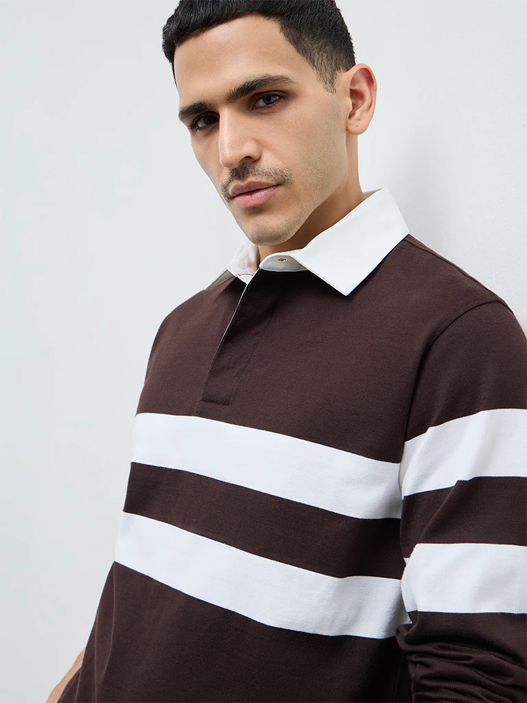 WES Casuals Dark Brown Striped Relaxed Fit Cotton Polo T-Shirt - Image 4