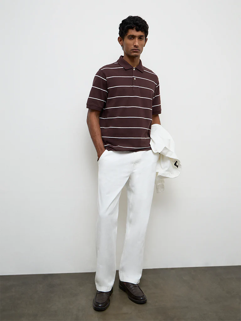 WES Casuals Dark Brown Striped Relaxed-Fit Cotton Polo T-Shirt - Image 3
