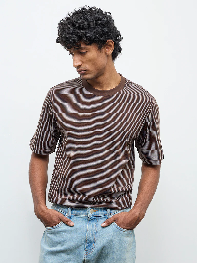 WES Casuals Dark Brown Striped Relaxed Fit Cotton T-Shirt